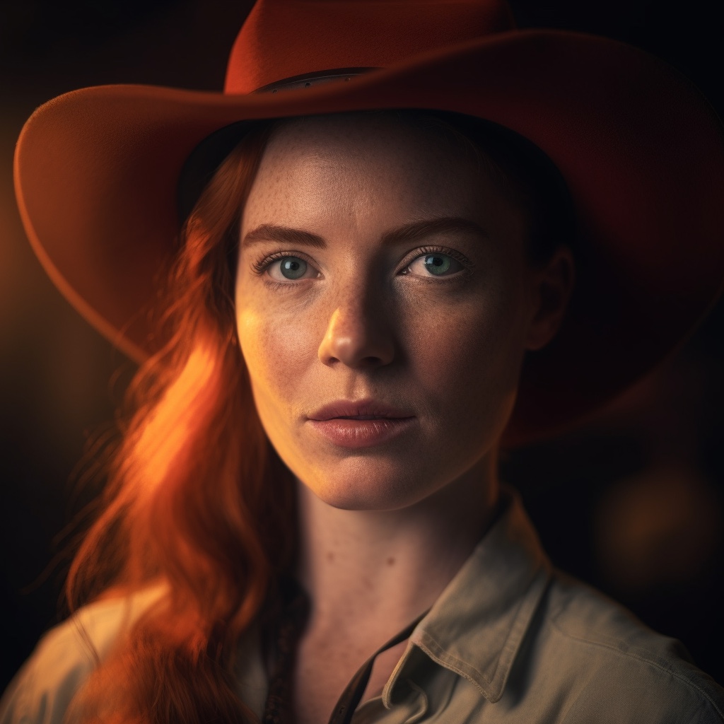 detailed portrait of a gorgeous red head cowgirl, canon 50mm, cinematic lightning in the style of Roger Deakins